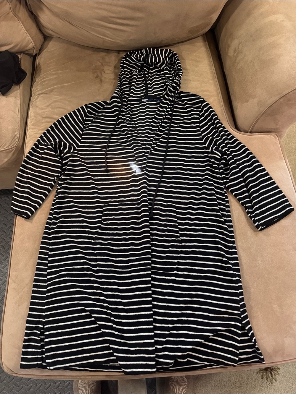 Lands End Black & White Terry Cloth Striped Hooded Beach Cover-Up